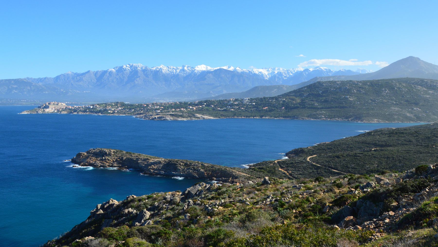 vue littorale de Calvi en Corse, mer turquoise et montagnes en arrière-plan