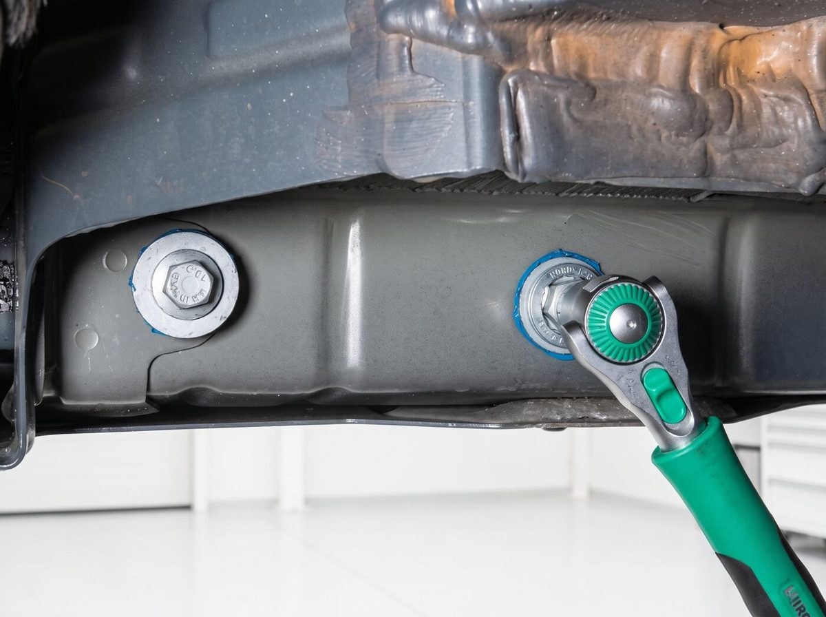Pose d'un attelage sous un véhicule, clé dynamométrique sur un boulon de fixation