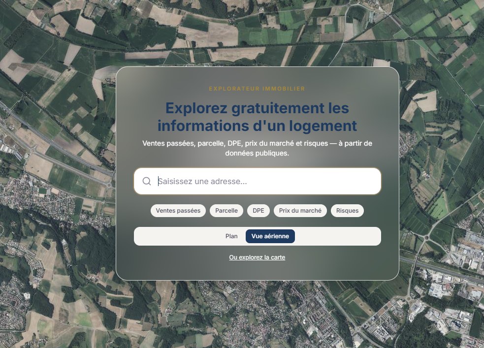 Vue aérienne d'un quartier avec module de recherche d'adresse et données ventes, parcelle, DPE, prix